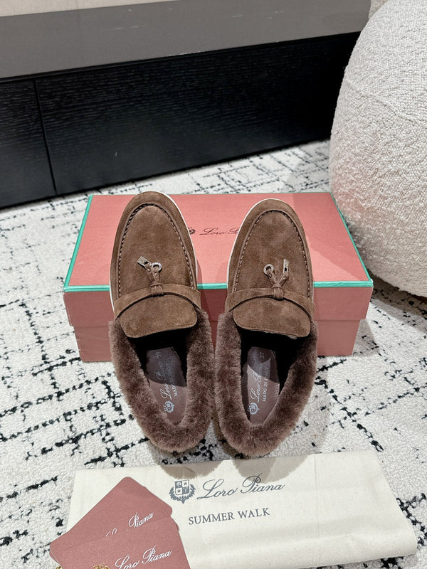 LP Summer Charms Walk Loafers In Earth Brown Suede With Rabbit Fur Lining 985644