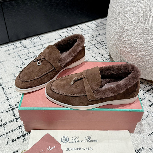 LP Summer Charms Walk Loafers In Earth Brown Suede With Rabbit Fur Lining 985644