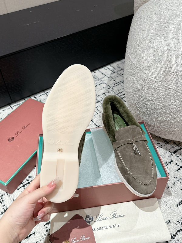 LP Summer Charms Walk Loafers In Light Brown Grey Mix Green Khaki Suede With Rabbit Fur Lining 985646