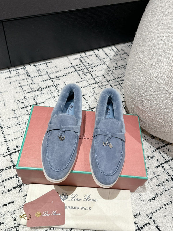 LP Summer Charms Walk Loafers In Light Aegean Suede With Rabbit Fur Lining 985647