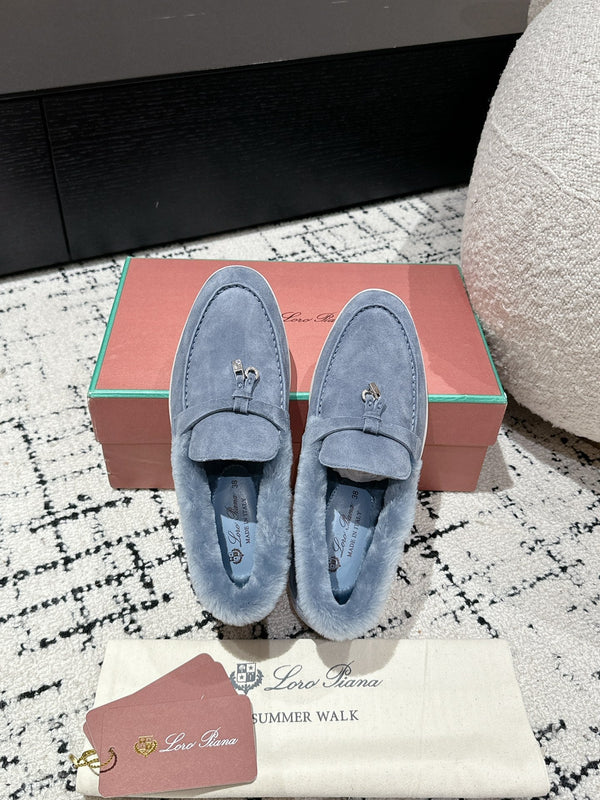 LP Summer Charms Walk Loafers In Light Aegean Suede With Rabbit Fur Lining 985647