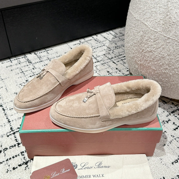 LP Summer Charms Walk Loafers In Light Brown Beige Suede With Rabbit Fur Lining 985651