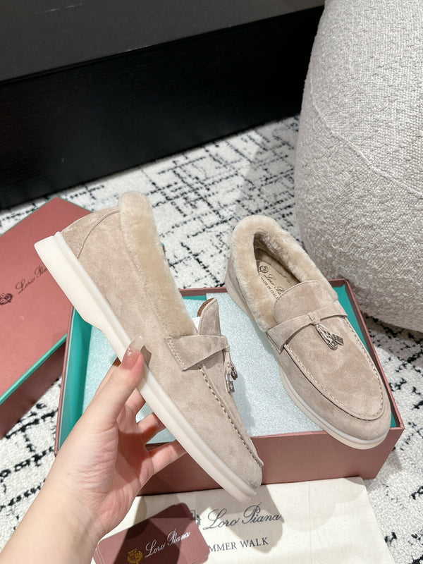 LP Summer Charms Walk Loafers In Light Brown Beige Suede With Rabbit Fur Lining  985651