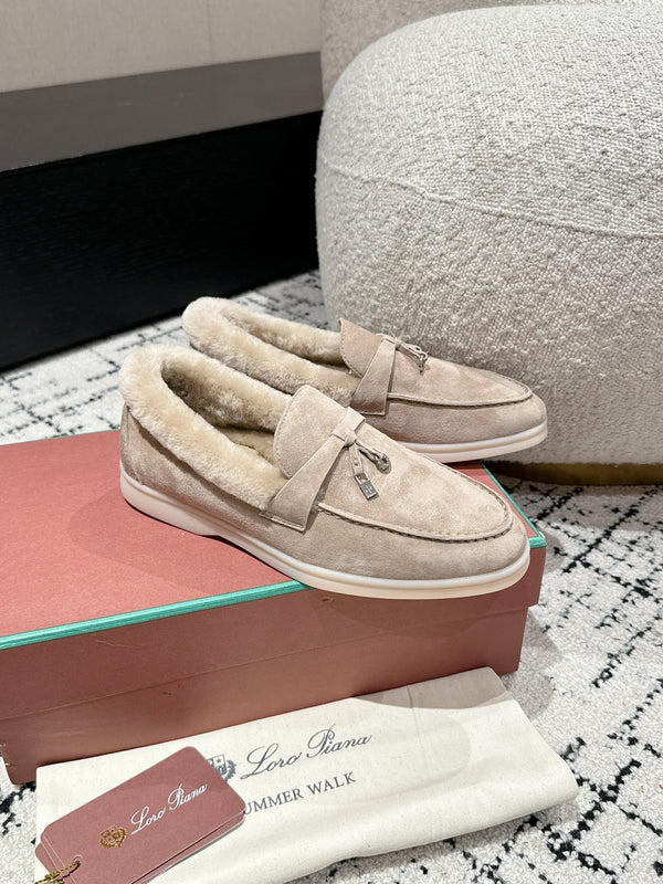 LP Summer Charms Walk Loafers In Light Brown Beige Suede With Rabbit Fur Lining  985651
