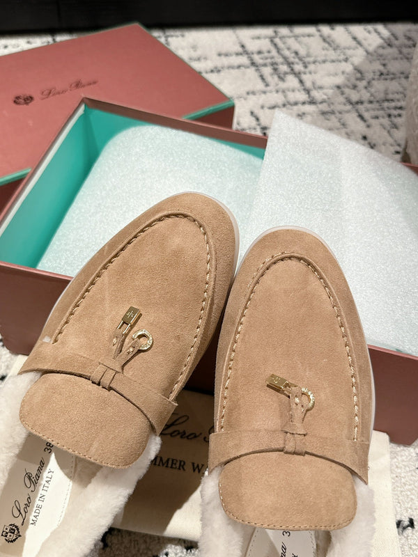 LP Summer Charms Walk Loafers In Dark Beige Mix White Suede With Rabbit Fur Lining 985652