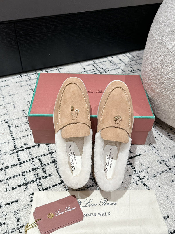 LP Summer Charms Walk Loafers In Dark Beige Mix White Suede With Rabbit Fur Lining 985652