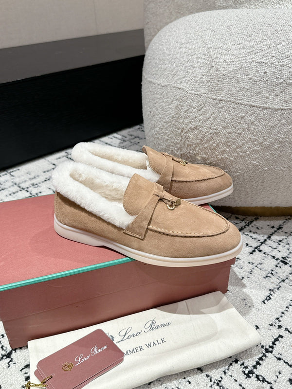 LP Summer Charms Walk Loafers In Dark Beige Mix White Suede With Rabbit Fur Lining 985652