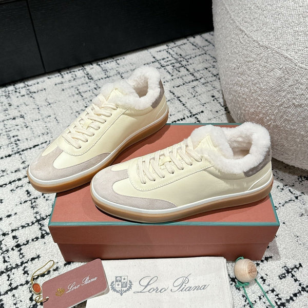LP Tennis Walk Sneaker In Ivory White Mix Light Grey Lambskin Lined With Wool Fleece 985657