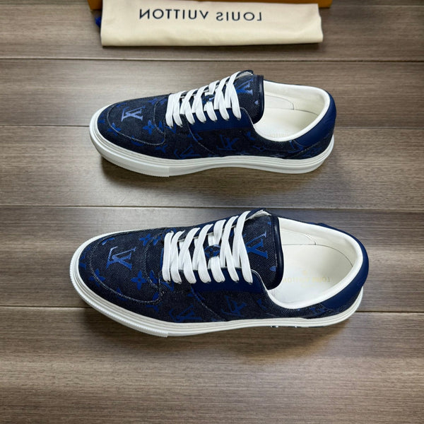 LV TRAINER SNEAKER IN BLACK MIX COBALT BLUE DENIM