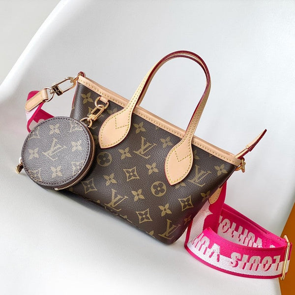 LV Neverfull BB Bag 24cm Brown Rose Red Monogram Canvas & Cowhide