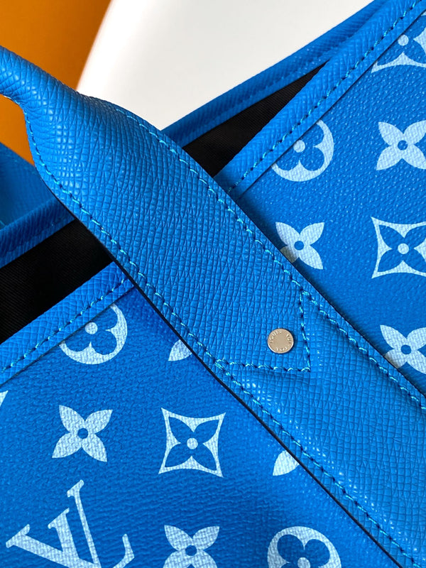 LV The Weekend Tote Bag 43cm Blue Monogram Canvas & Taïga Leather