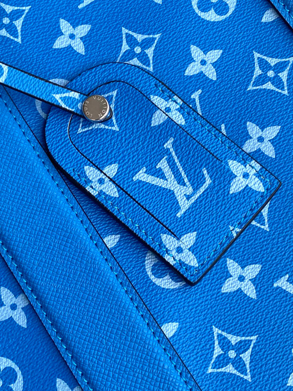 LV The Weekend Tote Bag 43cm Blue Monogram Canvas & Taïga Leather