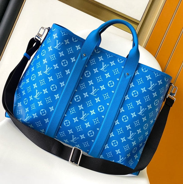 LV The Weekend Tote Bag 43cm Blue Monogram Canvas & Taïga Leather