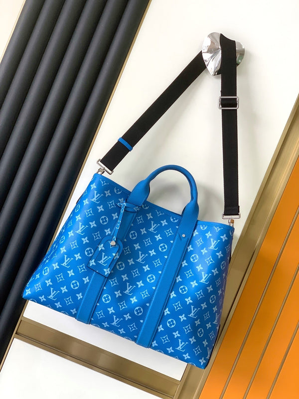 LV The Weekend Tote Bag 43cm Blue Monogram Canvas & Taïga Leather