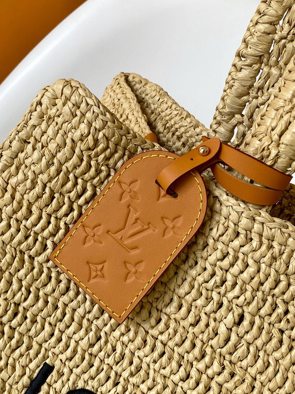 Summer Shopper Tote MM Beige Raffia & Cowhide