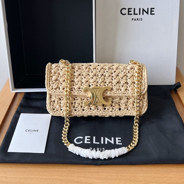 CHAIN SHOULDER BAG 20CM RAFFIA EFFECT TEXTILE NATURAL