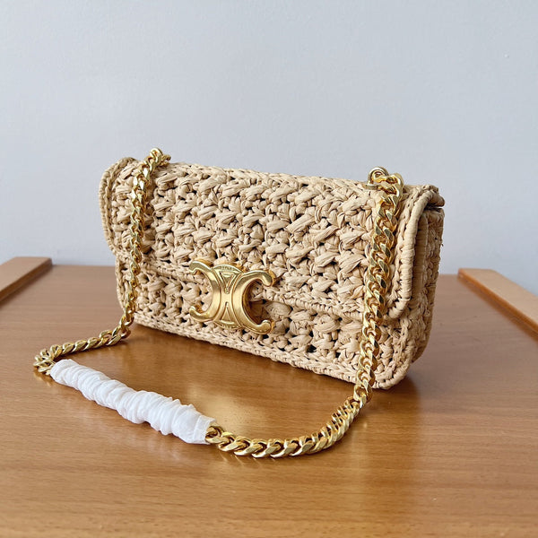 CHAIN SHOULDER BAG 20CM RAFFIA EFFECT TEXTILE NATURAL