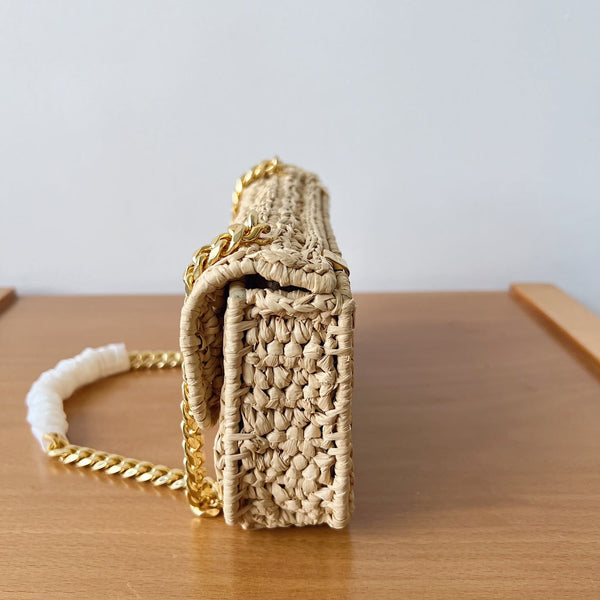 CHAIN SHOULDER BAG 20CM RAFFIA EFFECT TEXTILE NATURAL