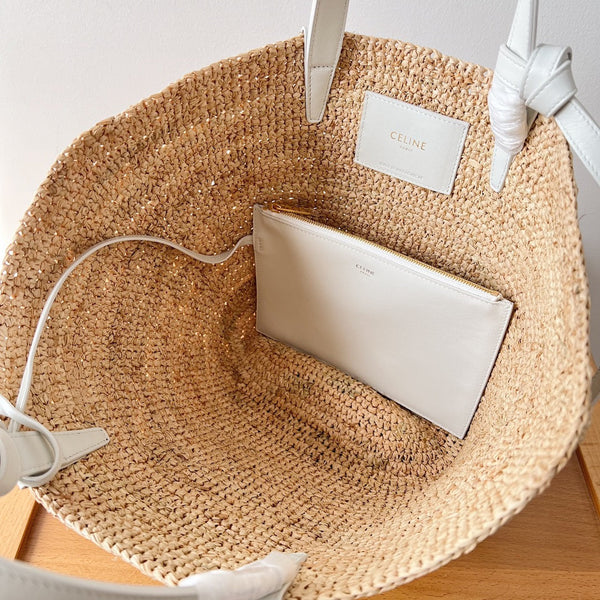 Celine Teen Supple Classic Panier 22cm White Calfskin Beige Raffia