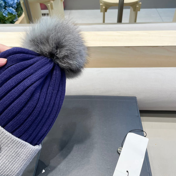 BEANIE HAT IN NAVY BLUE MIX LIGHT GRAY WOOL AND FOX FUR 422501