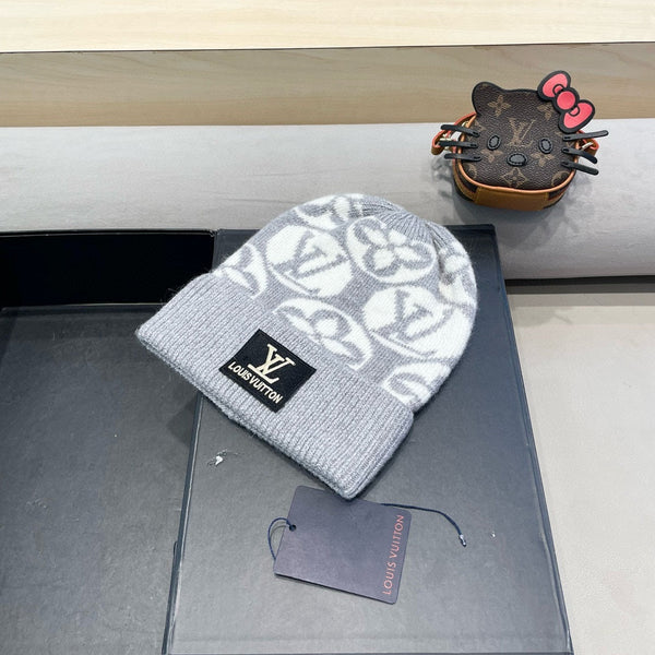 KNITTED BEANIE HAT IN LIGHT GRAY MIX WHITE WOOL AND RABBIT FUR 426242