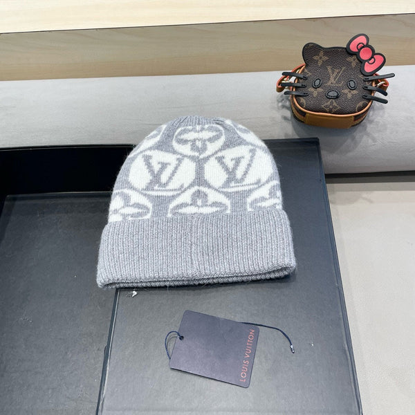 KNITTED BEANIE HAT IN LIGHT GRAY MIX WHITE WOOL AND RABBIT FUR 426242