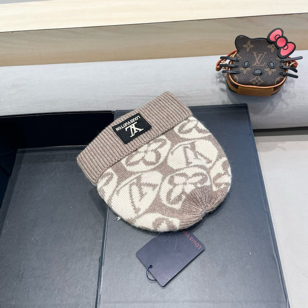 KNITTED BEANIE HAT IN BROWN MIX BEIGE WOOL AND RABBIT FUR 426244