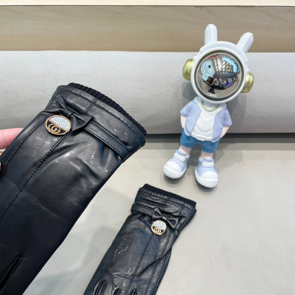 GUANTI CON FIOCCO IN PELLE DI AGNELLO E LANA NERI 429202