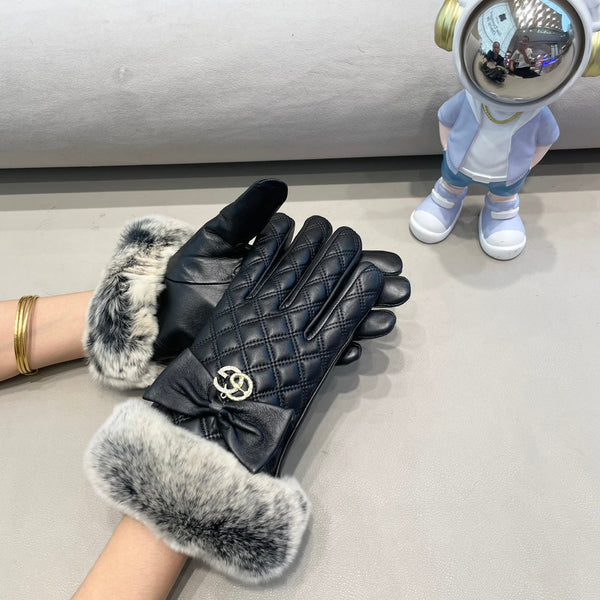 GUANTI CON FIOCCO IN PELLE DI AGNELLO NERA E PELLICCIA DI LAPIN 432556