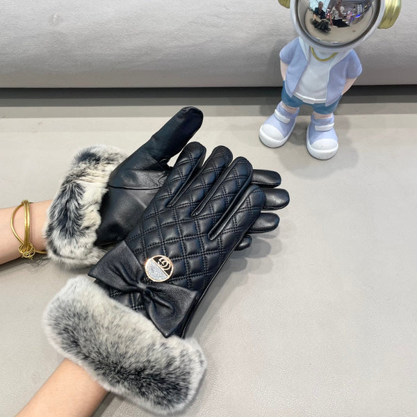 GUANTI TOUCHSCREEN CON FIOCCO IN PELLICCIA DI LAPINO NERO E PELLE DI AGNELLO 463796