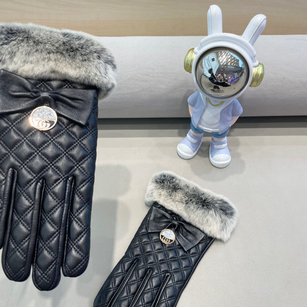 GUANTI TOUCHSCREEN CON FIOCCO IN PELLICCIA DI LAPINO NERO E PELLE DI AGNELLO 463796