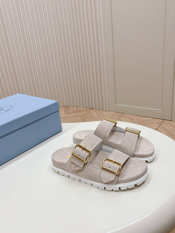 Ciabatte con cinturino a doppia fibbia 20 in pelle scamosciata grigio chiaro