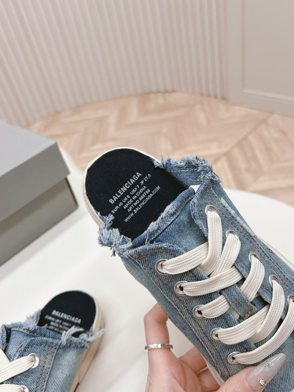 PARIS MULES IN BLUE DESTROYED DENIM AND RUBBER