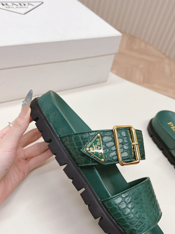 SANDALI CIABATTE PRA CON MOTIVO COCCODRILLO IN PELLE DI VITELLO VERDE CASTLETON