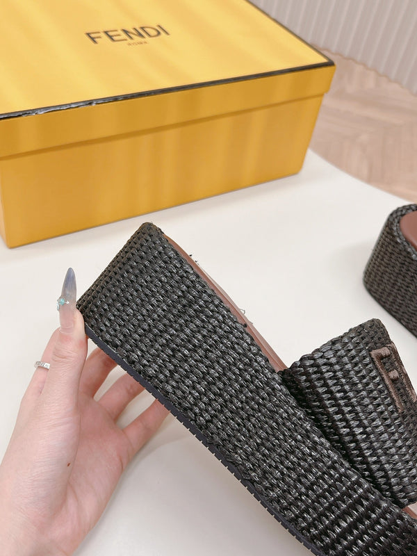 FENDI SIGNATURE WEDGE PLATFORM 6 CM IN BLACK FIBRE WITH BROWN EMBROIDERED LOGO