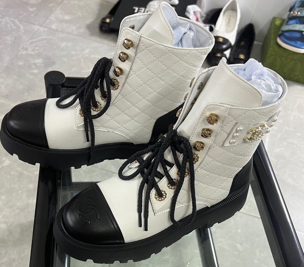 CC Combat Boots White Black Quilted Lambskin 944574