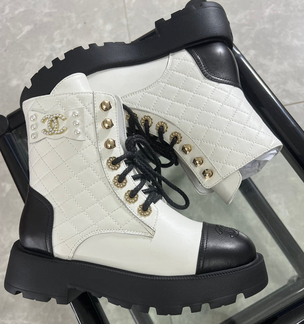CC Combat Boots White Black Quilted Lambskin 944574