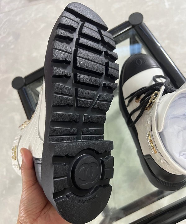 CC Combat Boots White Black Quilted Lambskin 944574