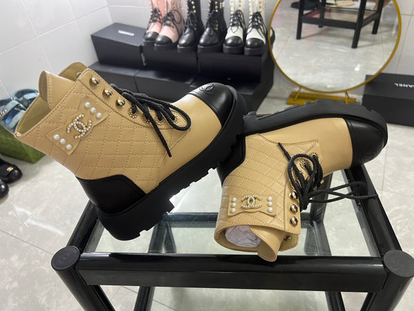 CC Combat Boots Dark Beige Black Quilted Lambskin 944575