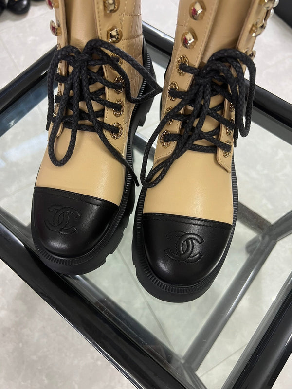 CC Combat Boots Dark Beige Black Quilted Lambskin 944575