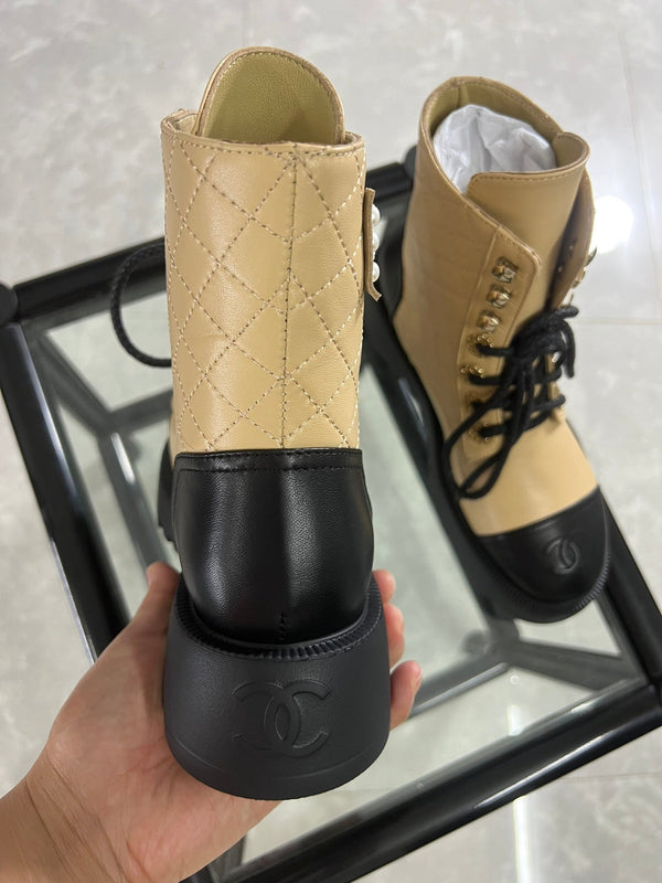 CC Combat Boots Dark Beige Black Quilted Lambskin 944575