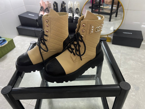 CC Combat Boots Dark Beige Black Quilted Lambskin 944575