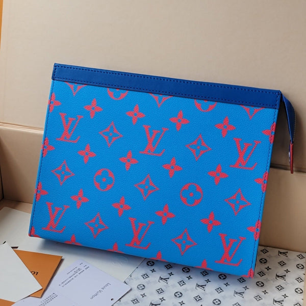 LV M14692 Pochette Voyage Blue Red Monogram Glow Canvas & Cowhide