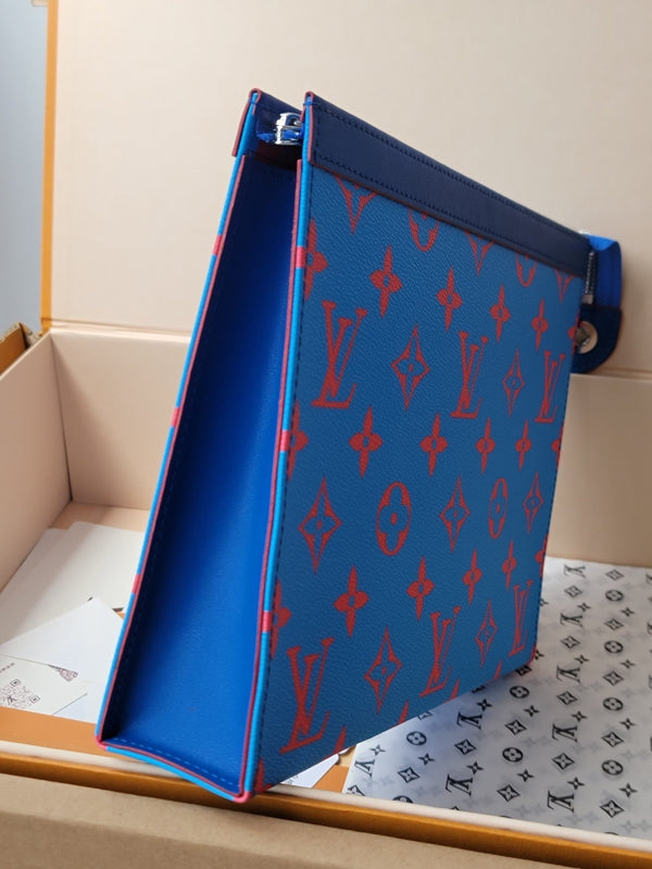 LV M14692 Pochette Voyage Blue Red Monogram Glow Canvas & Cowhide