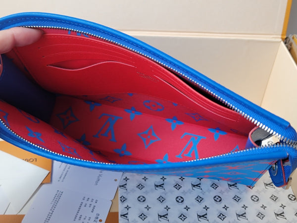 LV M14692 Pochette Voyage Blue Red Monogram Glow Canvas & Cowhide