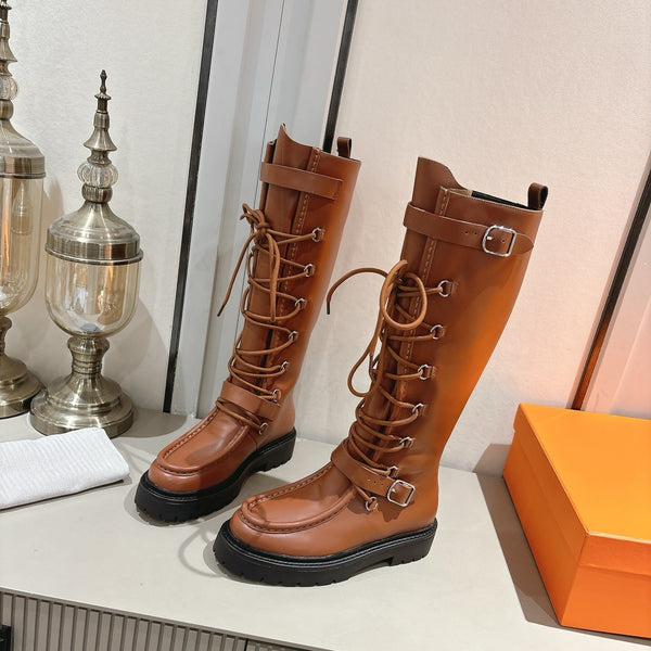 HM Lace Up Boots 25mm Belt Buckle Caramel Leather 466586