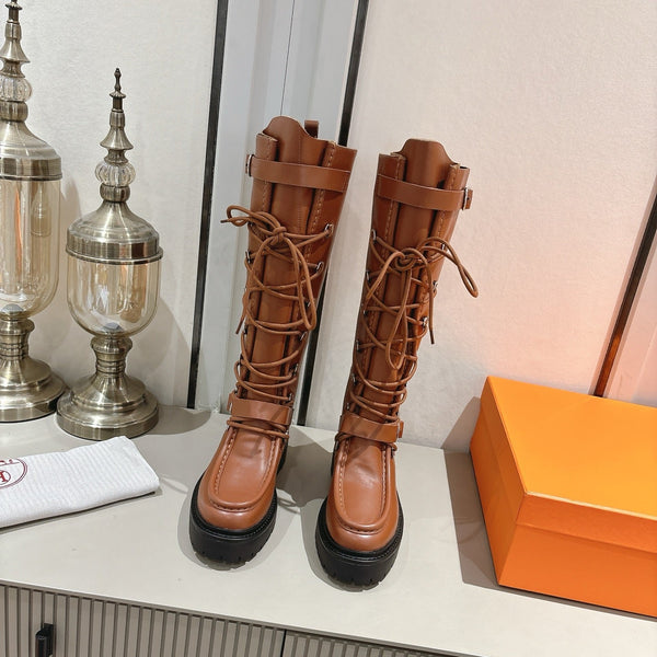 HM Lace Up Boots 25mm Belt Buckle Caramel Leather 466586