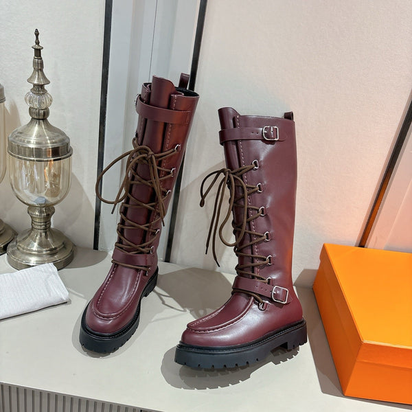 HM Lace Up Boots 25mm Belt Buckle Mauve Brown Leather 466590