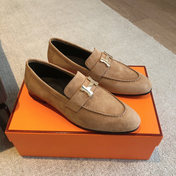 Paris Loafer Light Brown Suede Calfskin With Pink Gold Signature Buckle 509373