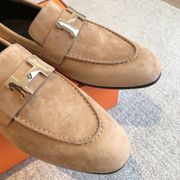 Paris Loafer Light Brown Suede Calfskin With Pink Gold Signature Buckle 509373